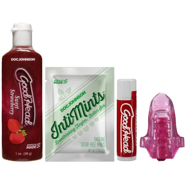 Collection of Doc Johnson products including a bottle, packets, and a pink device on a white background