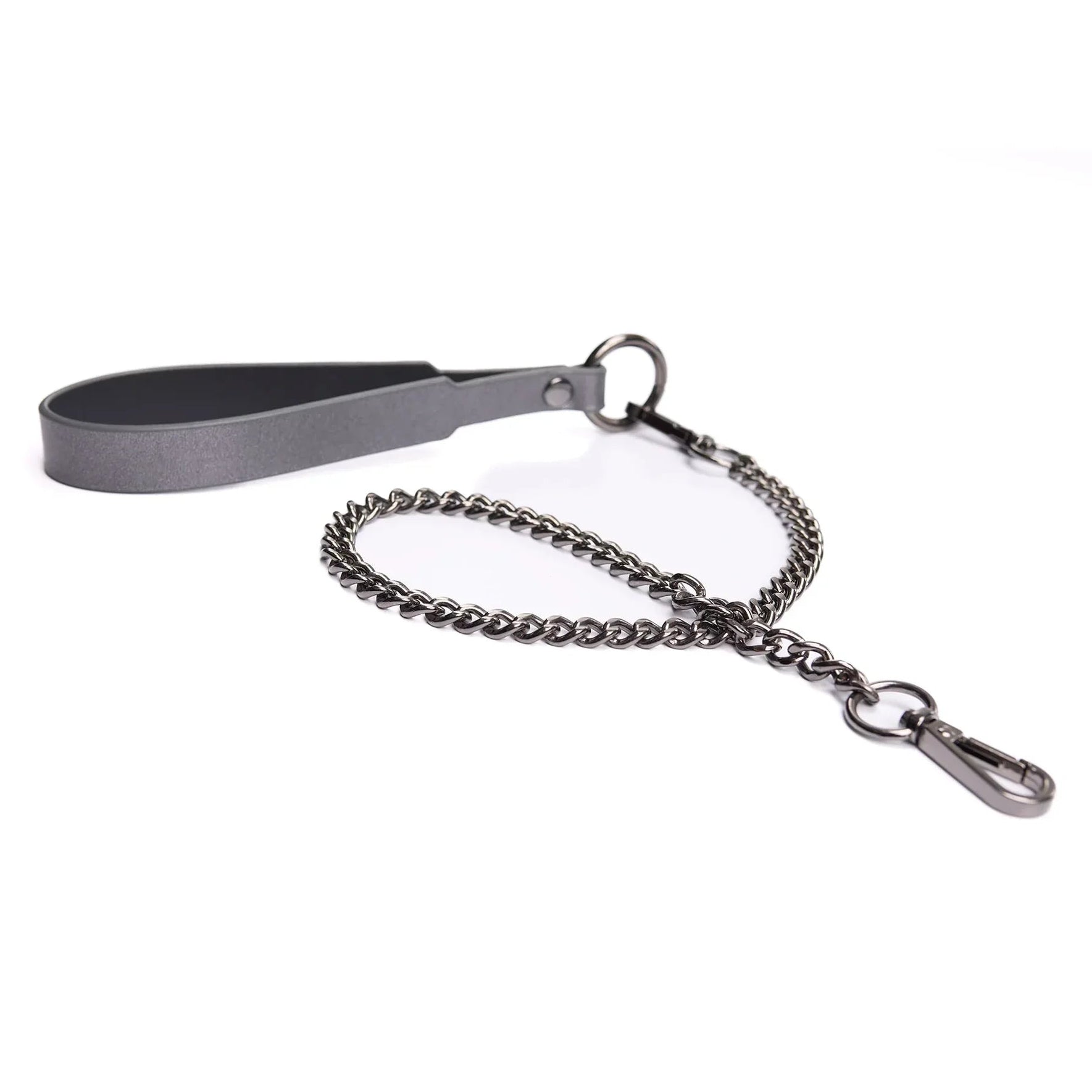The leash, showing the spring clips on both ends of the chain. The chain could be used to connect cuffs as well.