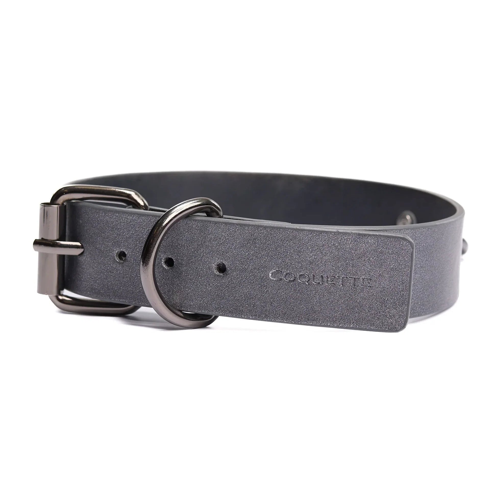 The back of the collar, showing a metal buckle and a metal D ring to hold the strap in place once buckled.