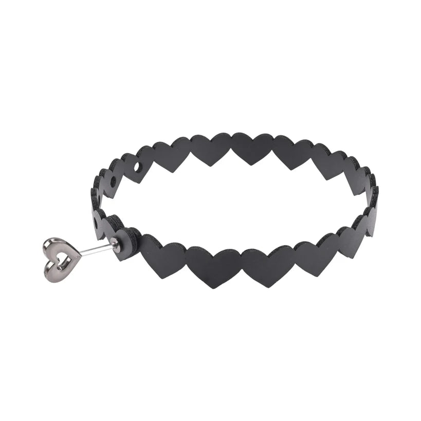 A black metal heart-link choker with a silver-toned heart-shaped clasp, shown on a plain white background.