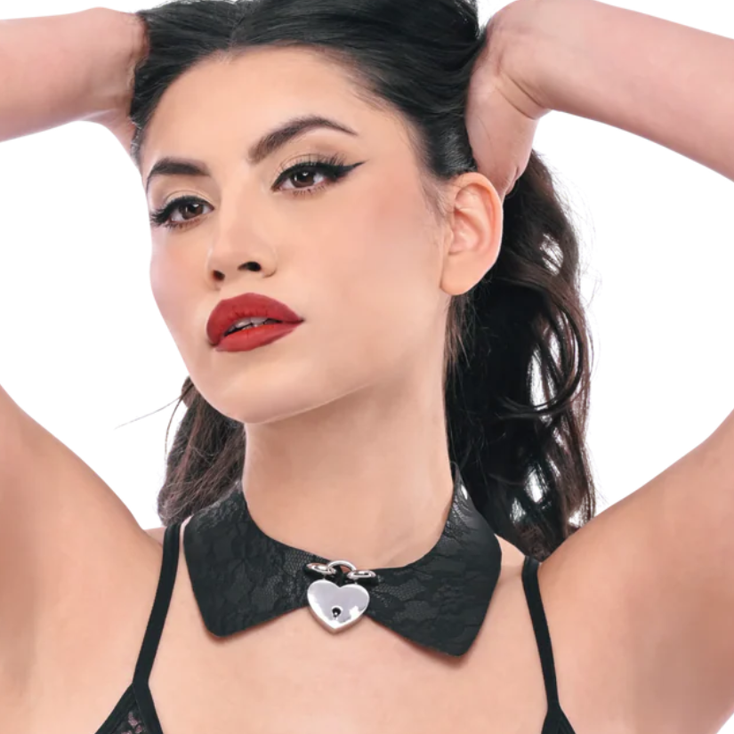 This collar looks like a feminine collar you might see on a dress. It locks in the center with a heart-shaped lock.