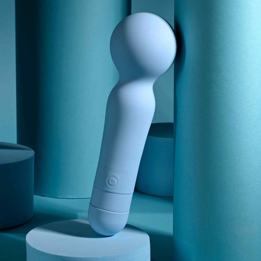 A powder blue petite wand with a perfectly round massage head.