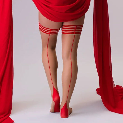 Model where red seamed thigh high stockings.
