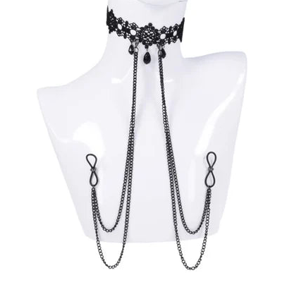 Black choker necklace with chain details on a mannequin bust against a white background