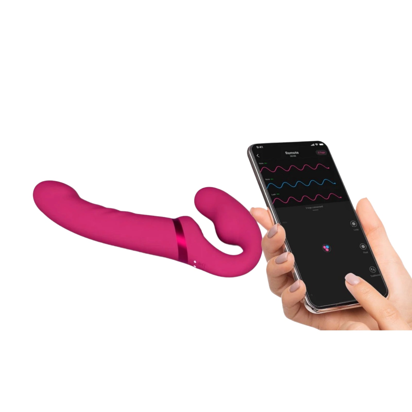 Pink electronic device being held by a hand with a smartphone displaying waveforms on a white background