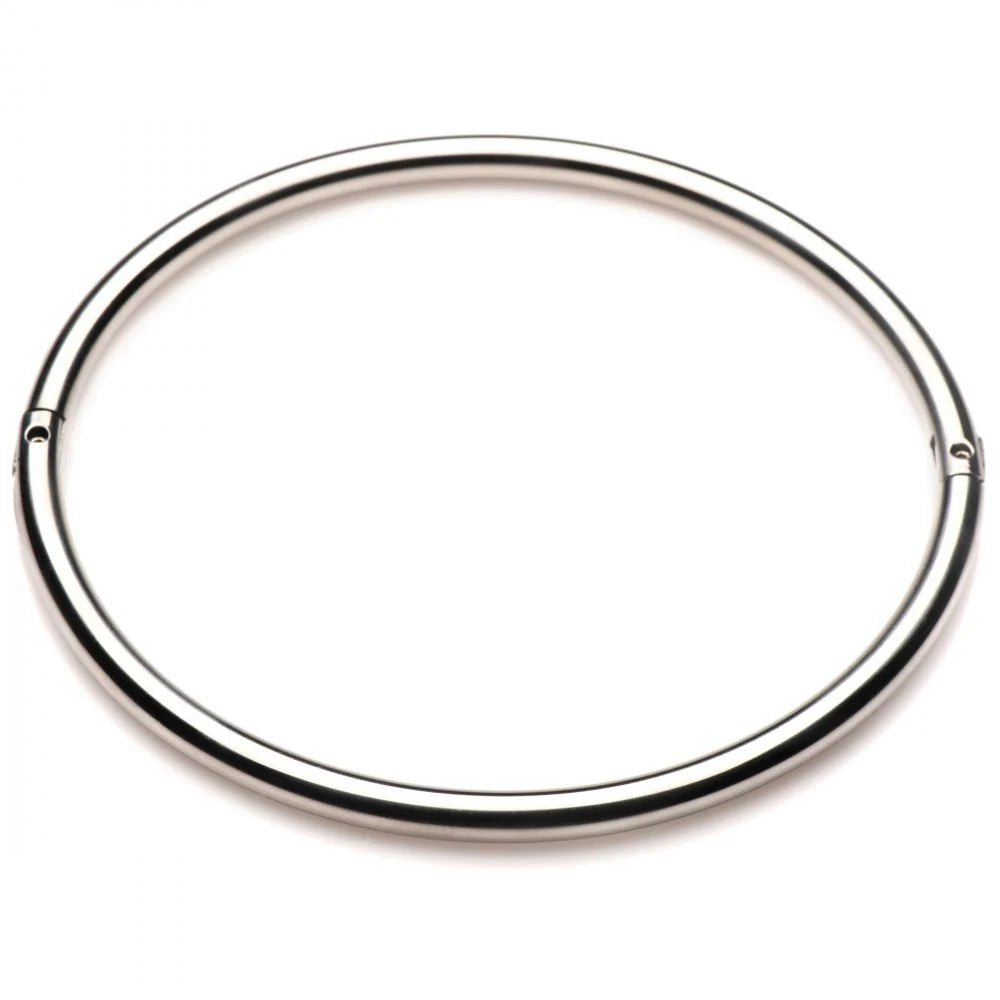 Close up of the collar, showing the hinge on one side and the locking joint on the other side.