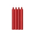 Four red taper candles standing upright side by side on a plain white background.