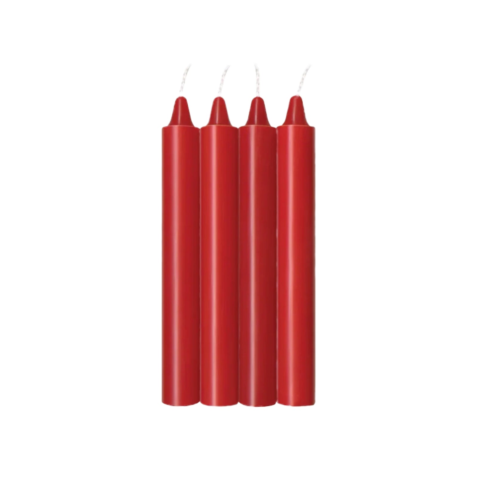 Four red taper candles standing upright side by side on a plain white background.