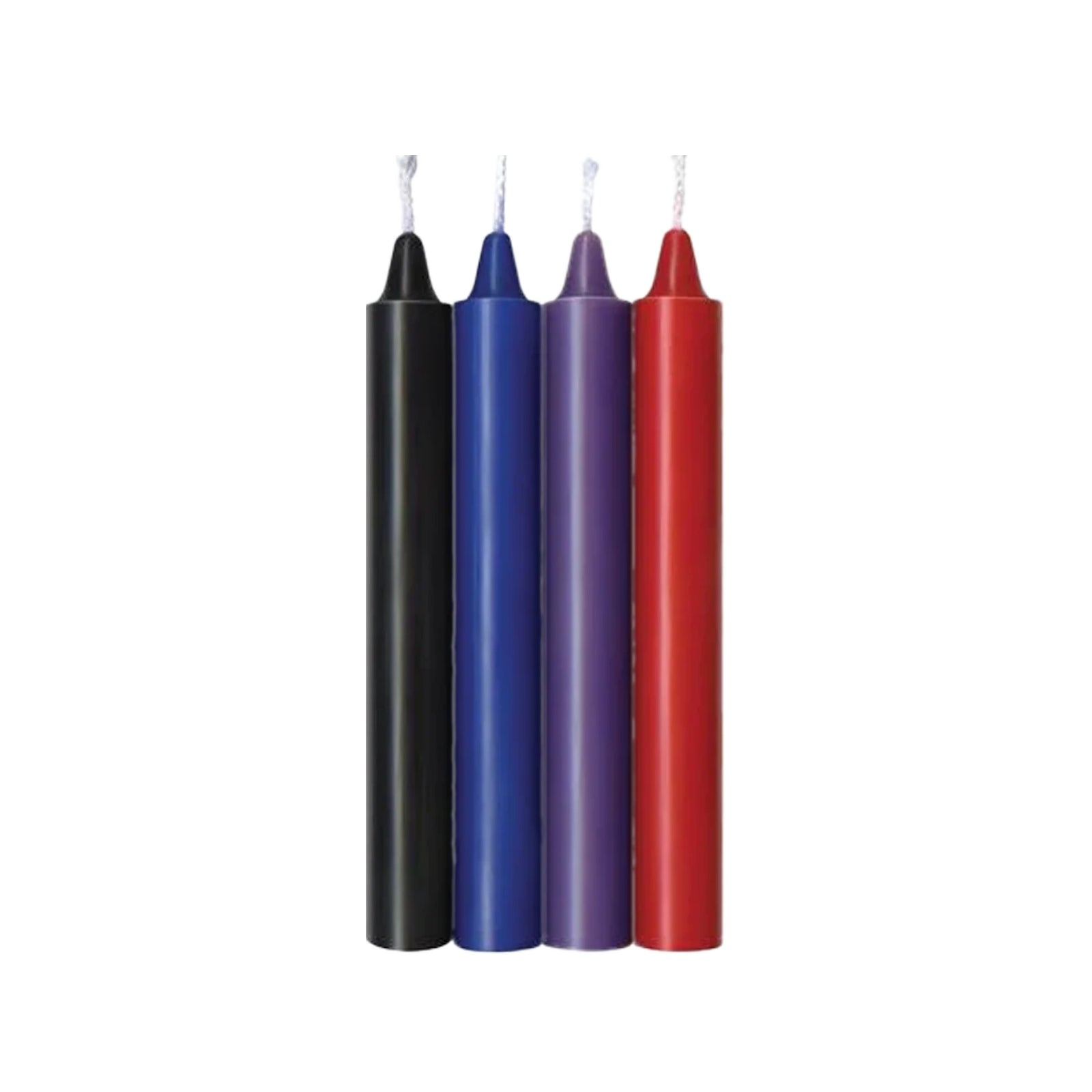 Four taper candles in black, blue, purple, and red, standing upright side by side on a plain white background.