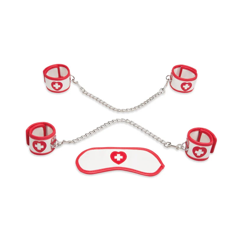 White cuff with red trim and a nurse's red cross symbol on each cuff.