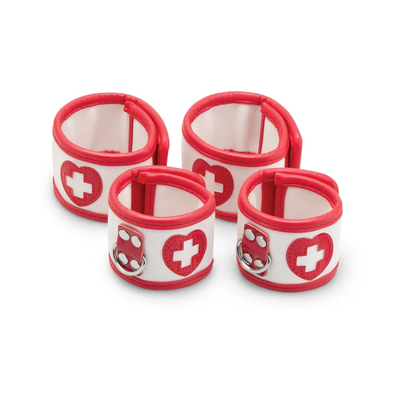 Four red and white wrist cuffs with medical symbol on a white background