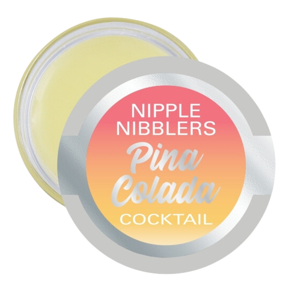 Nipple Nibblers container with the cap half off, showing the light yellow pina colada flavored balm inside.