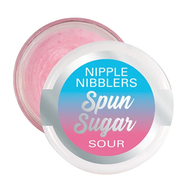 An open round jar of nipple numbings labeled 'Spun Sugar SOUR' with pink cream visible inside, shown on a plain white background.