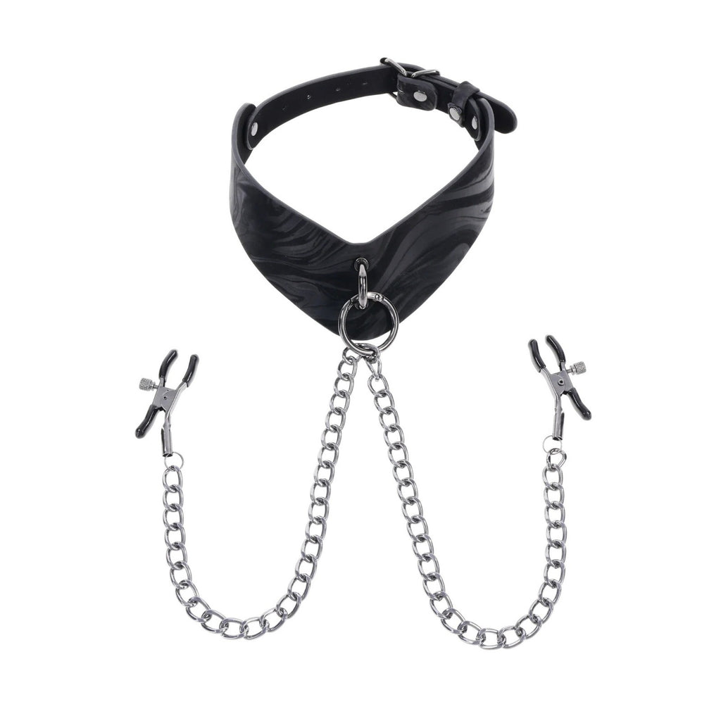 A faux-leather collar with a slight V angle at the front, where the O-ring sits. Two nipple clamps strung through the O-Ring.