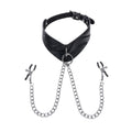 A faux-leather collar with a slight V angle at the front, where the O-ring sits. Two nipple clamps strung through the O-Ring.
