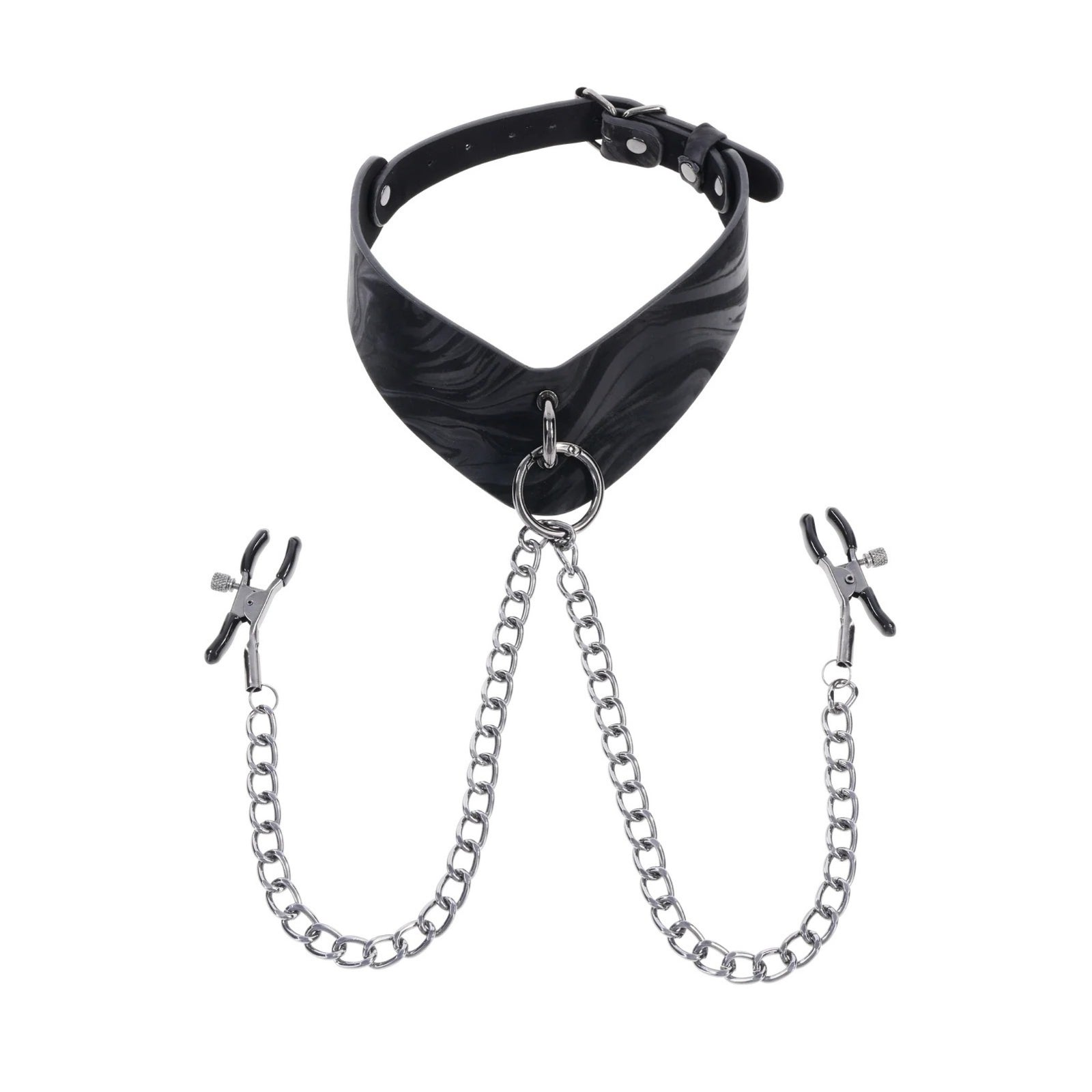 A faux-leather collar with a slight V angle at the front, where the O-ring sits. Two nipple clamps strung through the O-Ring.