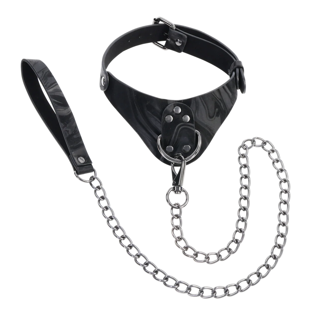 Collar with a soft curve at the center neckline and a D-ring. Leash with a spring clip to attach to the D-ring.