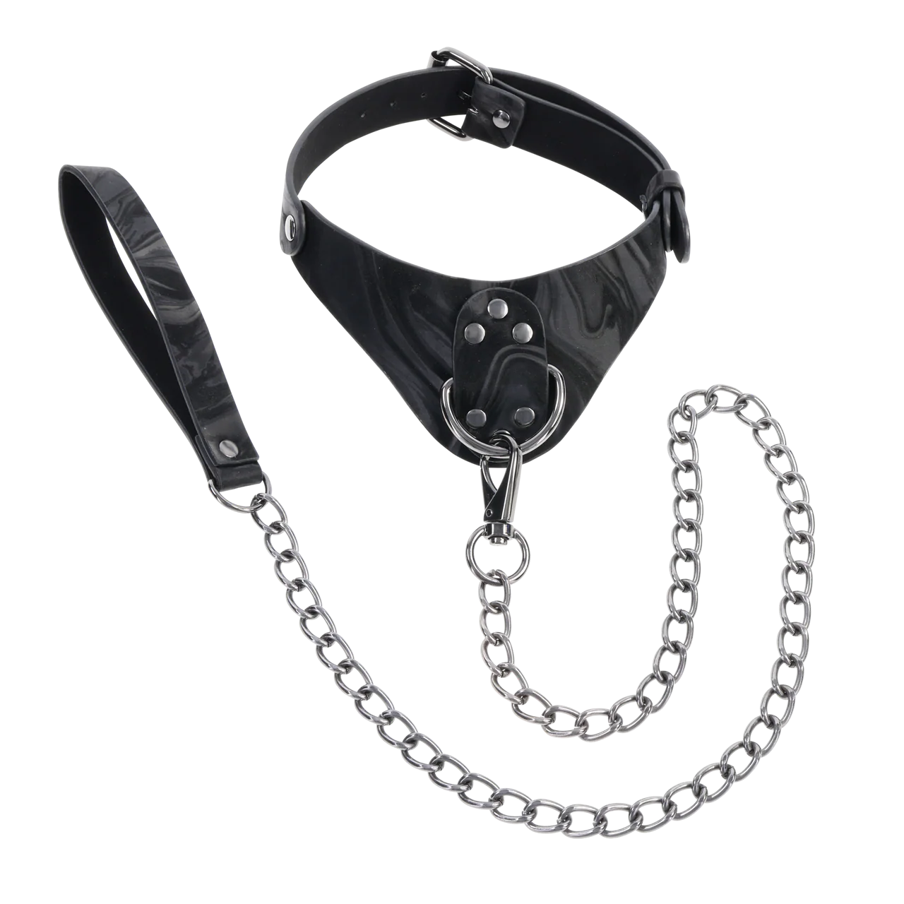 Collar with a soft curve at the center neckline and a D-ring. Leash with a spring clip to attach to the D-ring.