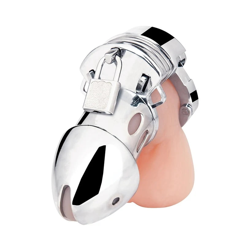 A polished, smooth steel alloy chastity cage.
