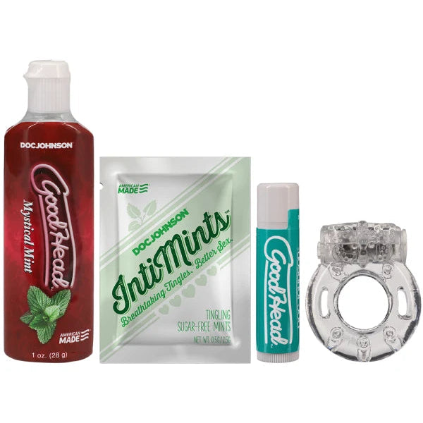 Collection of dental products including a bottle, packet, and ring on a white background