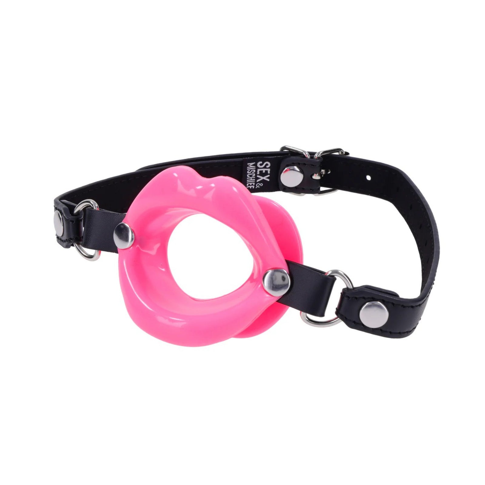 Pink gag with black leather strap on a white background