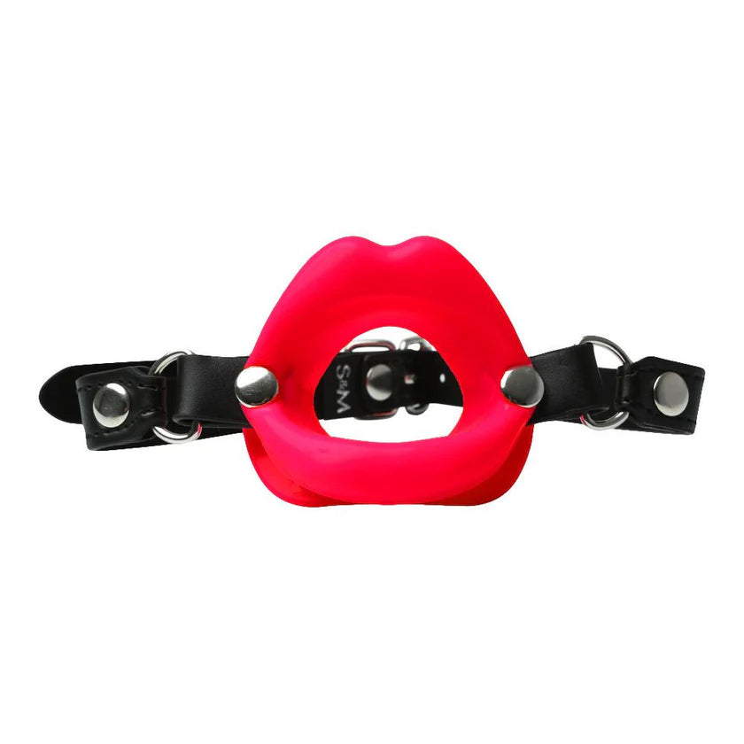 Unique silicone gag shaped like an open mouth with big red lips.