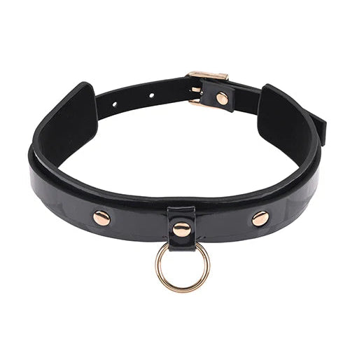 A double layer, faux-leather collar with a gold O-ring.