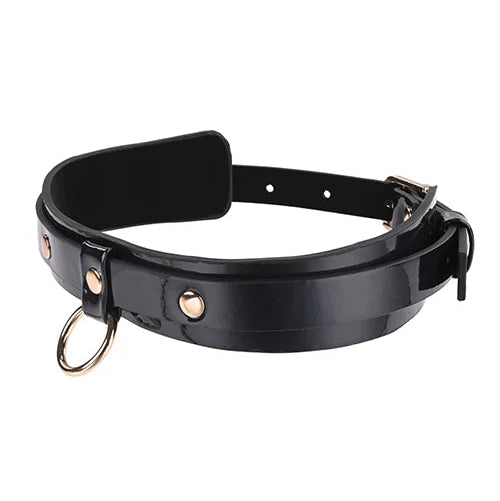 Side view of a double layer, faux-leather collar with a gold O-ring.