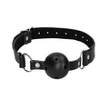 Inexpensive plastic ball gag with holes for easy breathing. Straps with silver buckle.