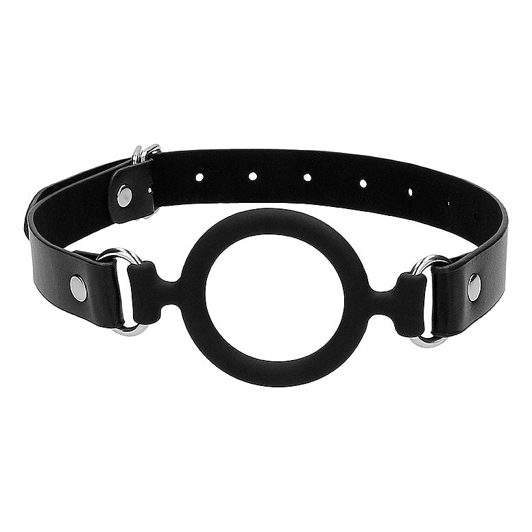 A gag featuring a round silicone ring, leaving the mouth open and exposed.