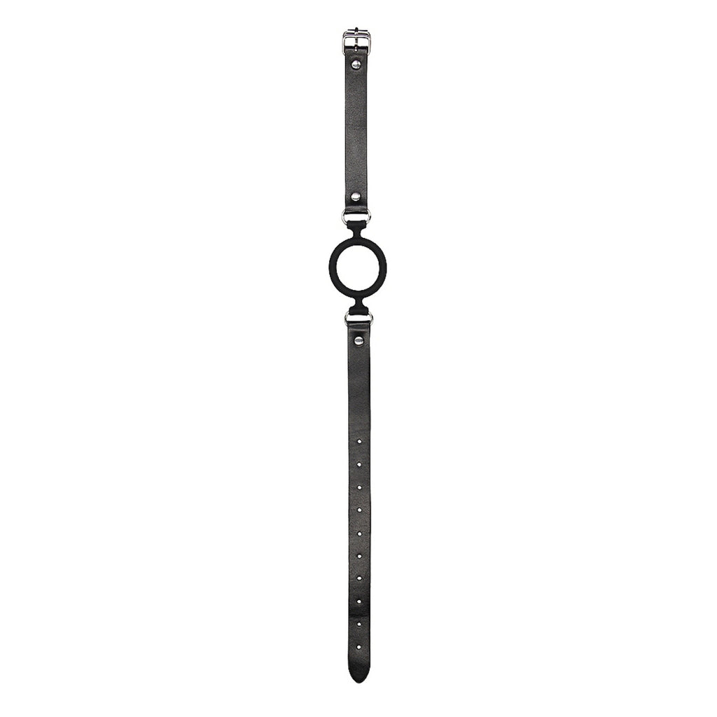 A gag featuring a round silicone ring, leather strap and silver buckle.