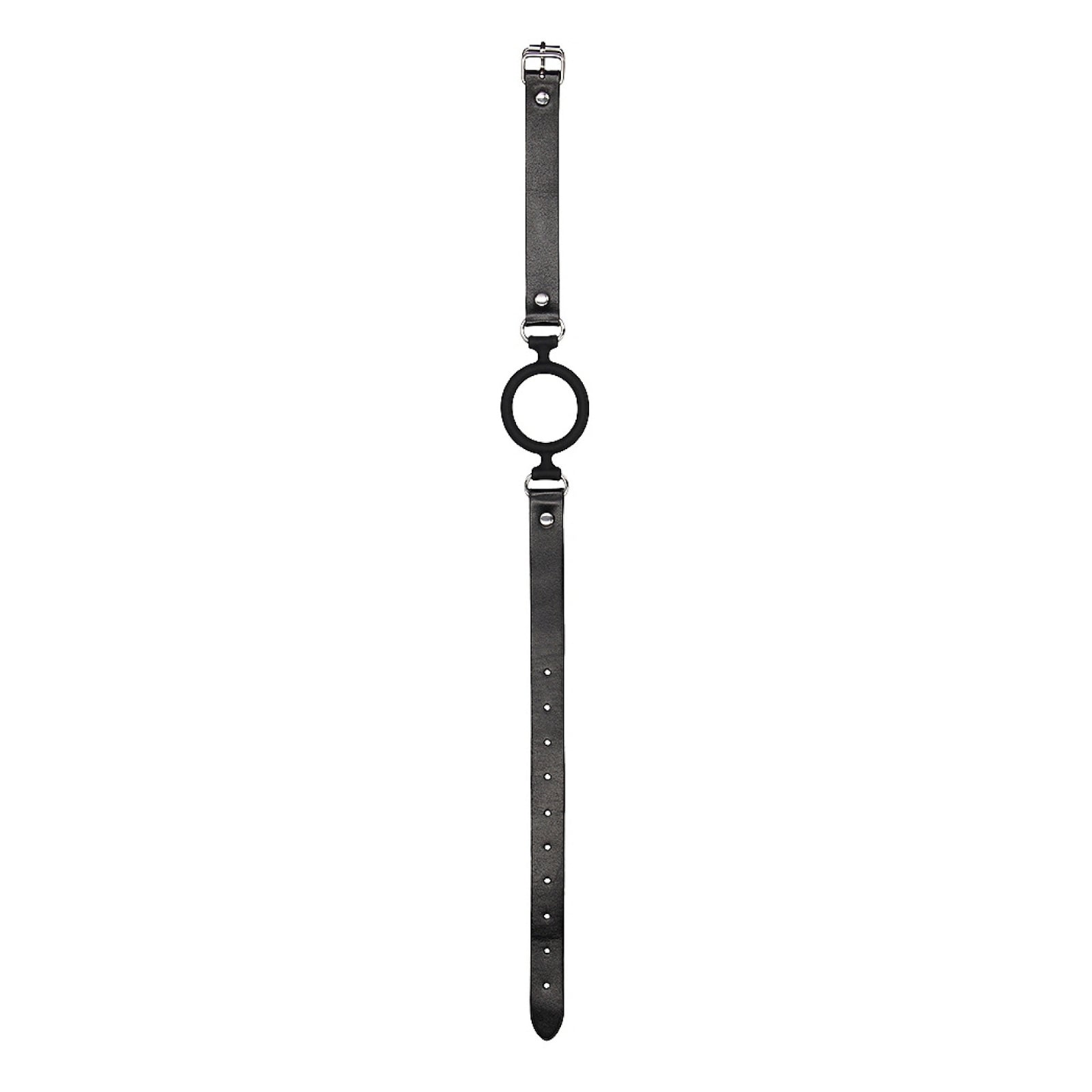 A gag featuring a round silicone ring, leather strap and silver buckle.