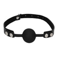 Silicone ball gag with silicone arms that are rivetted to leather straps.