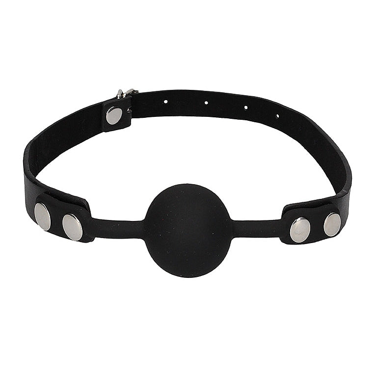 Silicone ball gag with silicone arms that are rivetted to leather straps.