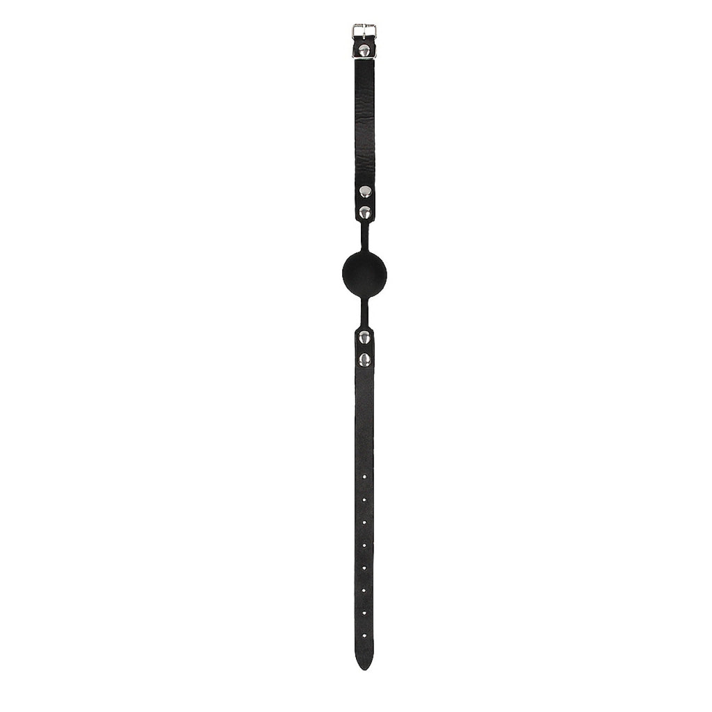Silicone ball gag with silicone arms that are rivetted to leather straps.