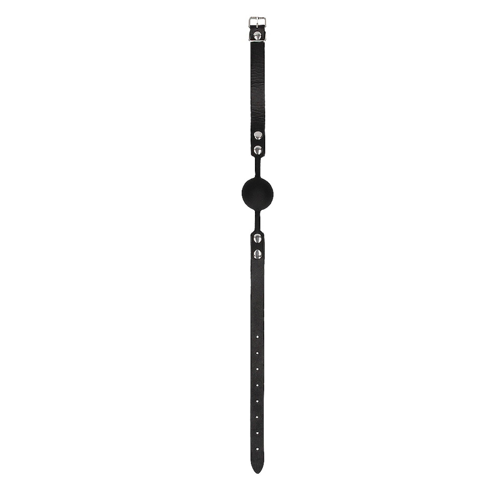 Silicone ball gag with silicone arms that are rivetted to leather straps.