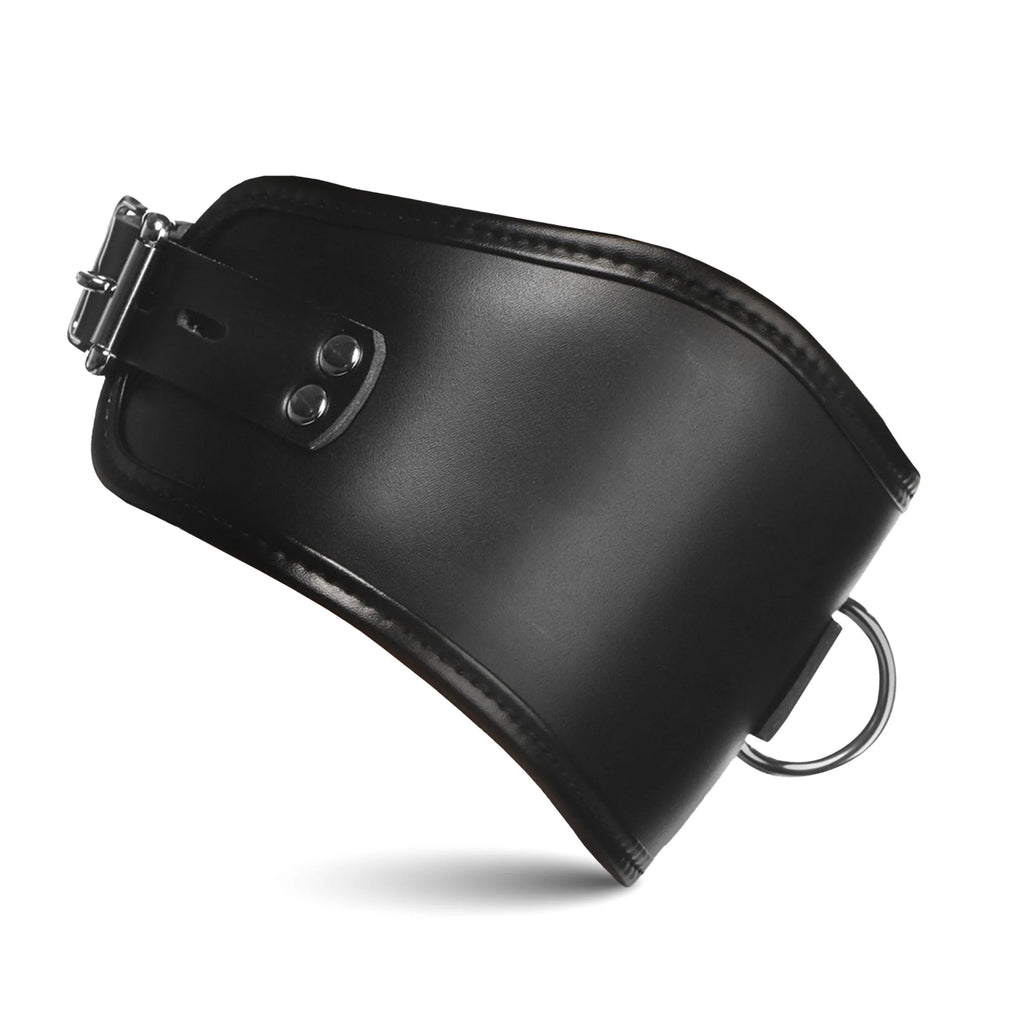 A black tall collar that fits from collar bone to chin, holding a person's head in a high position.