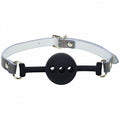 Black silicone ball gag with black straps and a silver buckle.