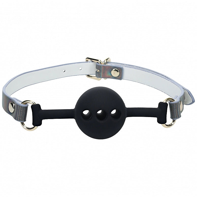 Black silicone ball gag with black straps and a silver buckle.