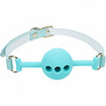A light blue silicone ball gag with light blue straps. Buckle closure.