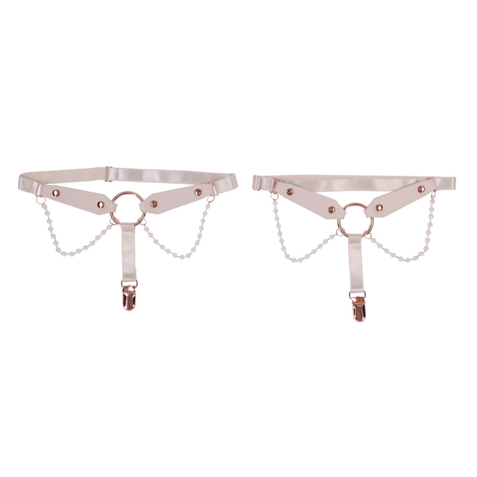 Light peach leg garters with delicate pearl details.