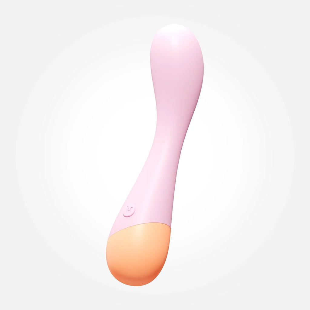 A slightly curved, smoothly rounded G spot toy with a light pink shaft and a light orange base.