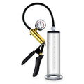 Hand pump with pressure gauge and clear cylinder on a white background