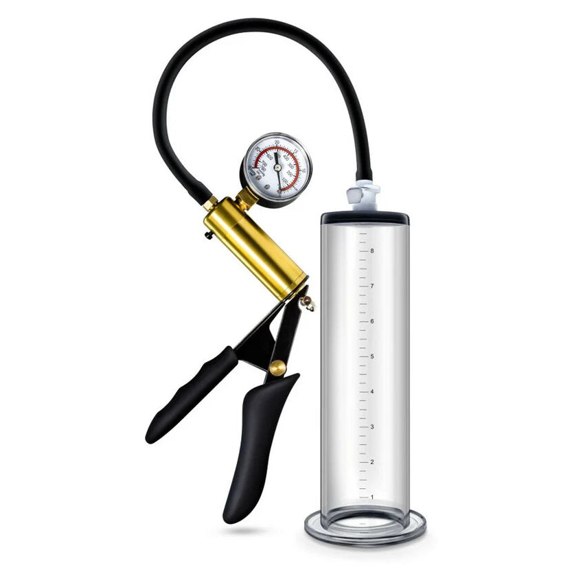 Hand pump with pressure gauge and clear cylinder on a white background