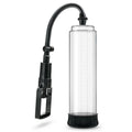 Clear penis pump with black flexible tubing, a quick release button and two-finger pumping mechanism. 