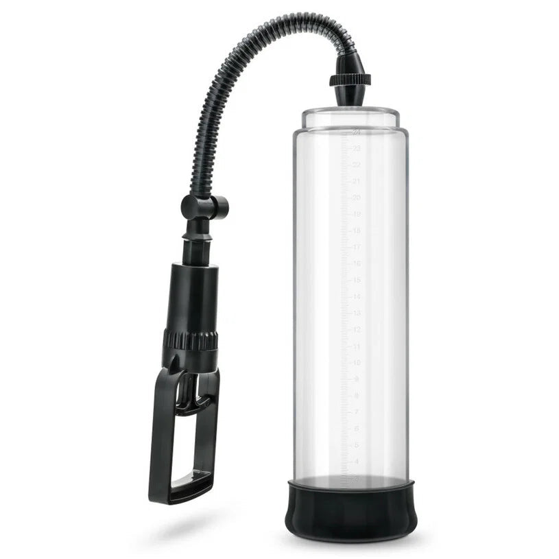 Clear penis pump with black flexible tubing, a quick release button and two-finger pumping mechanism. 