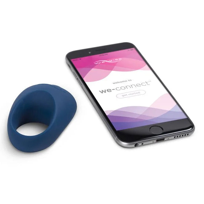 Blue silicone ring and smartphone with app interface on a white background