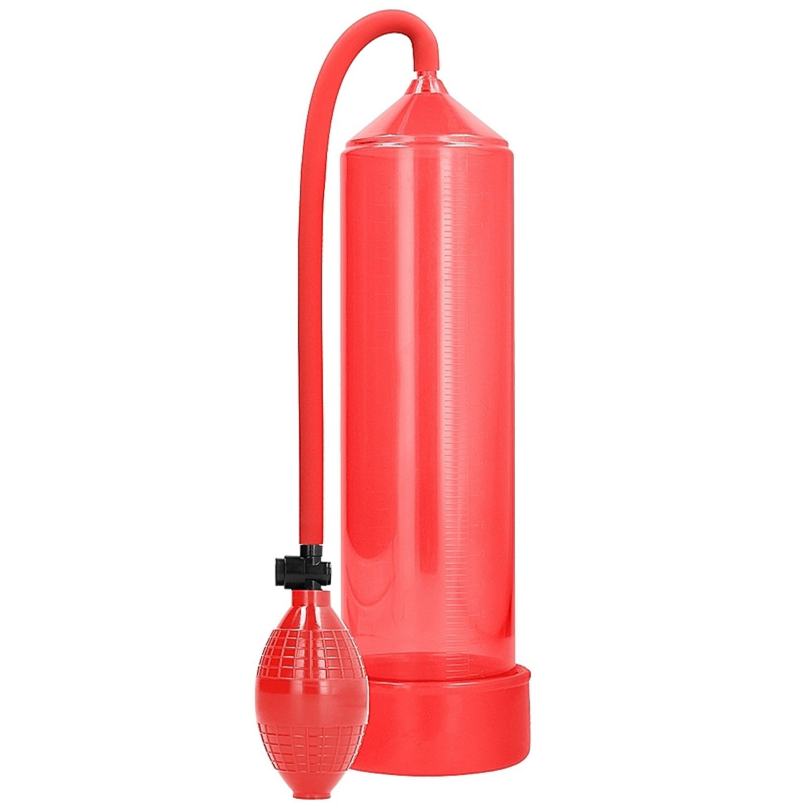 A red manual penis pump with a cylindrical transparent body, a flexible hose, and a bulb pump attachment.
