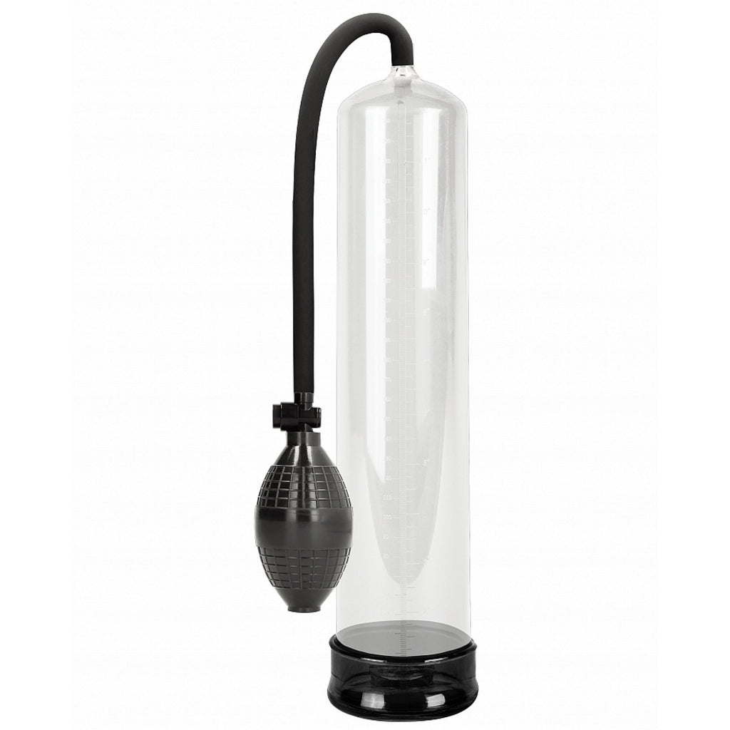 A clear cylinder pump with a squeeze ball controller and a quick release button.
