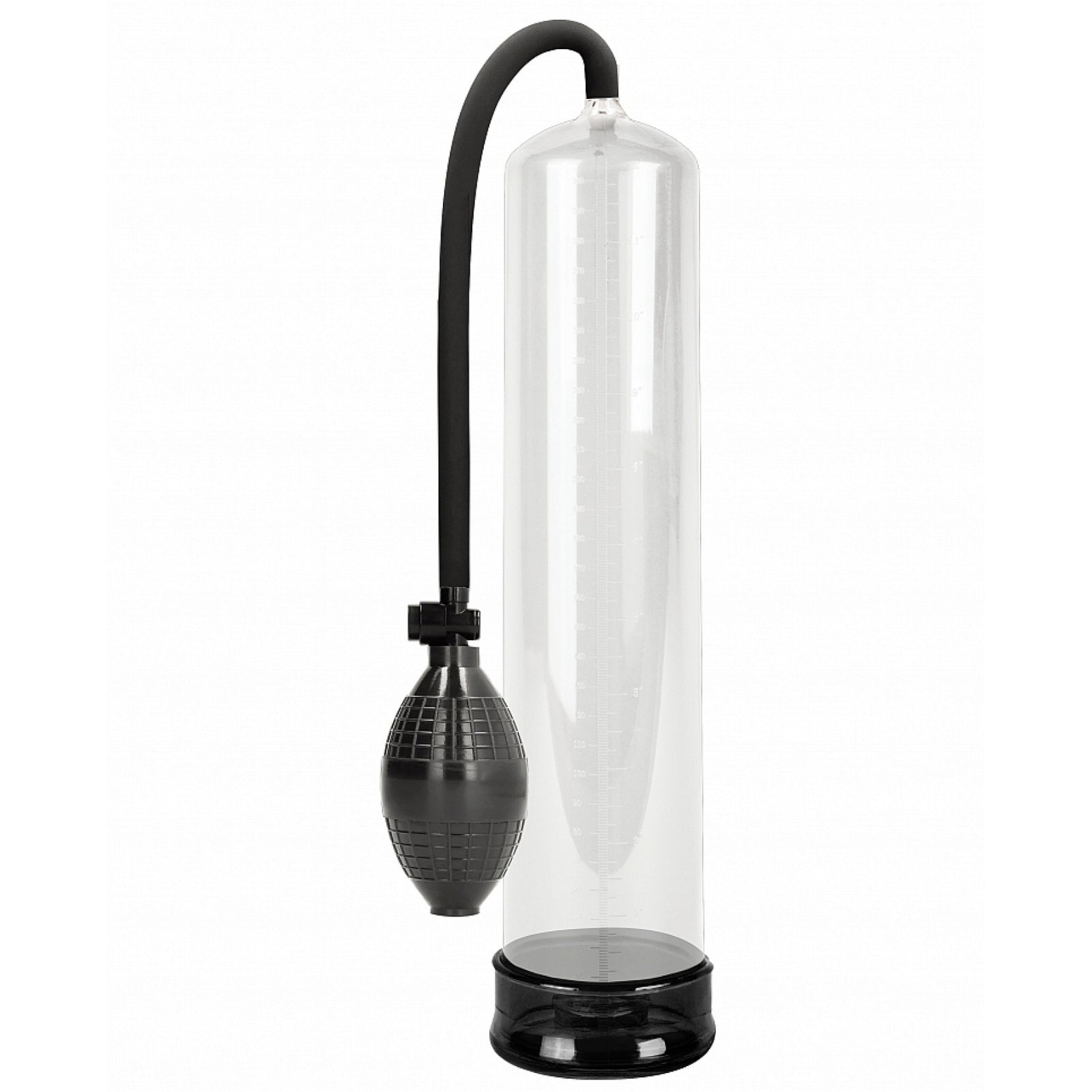 A clear cylinder pump with a squeeze ball controller and a quick release button.